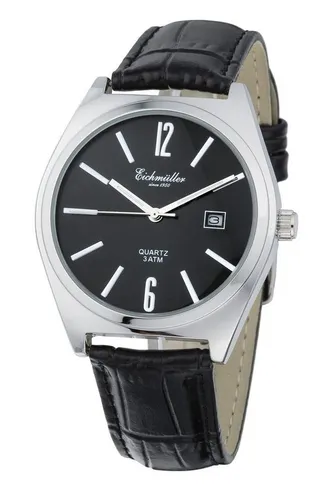 Eichmüller Quarzuhr Herrenuhr Schwarz Lederband 40 mm - Elegante Herrenuhr mit hochwertigem Quarz-Uhrwerk, stilvollem Krokoprint-Lederarmband und spritzwassergeschütztem Gehäuse. Ideal für den täglichen Gebrauch und jeden Anlass.