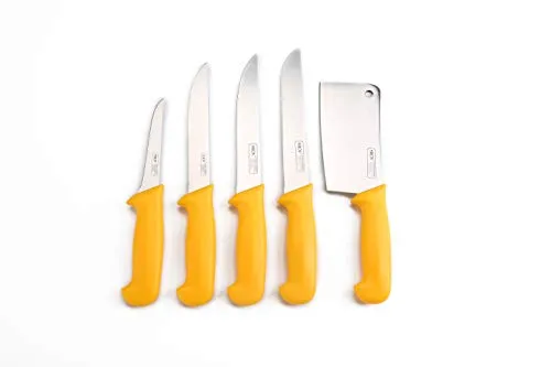 Shov Metzgermesser Set - 5 teiliges Profi Küchenmesser Set aus Edelstahl - Küchenmessersets mit 5 hochwertigen Messern in Profiqualität, ergonomischem Ergo-Grip und rostfreiem Edelstahl - ideal für präzises Schneiden und Hacken.