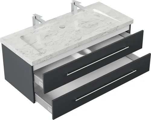 Badmöbel Marmor Carrara White YAMO 130 cm - Badezimmermöbel mit edlem Marmorwaschbecken und 2 Hahnlöchern – langlebig, einzigartig und mit Soft-Close-Funktion für komfortable Nutzung.