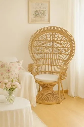Rattansessel Pfauenthron - Möbel Direkt Online - Eleganter Sessel aus handgeflochtenem Rattan mit filigranen Rückenmusterungen, inklusive bequemem Sitzkissen für stilvolle Entspannung.