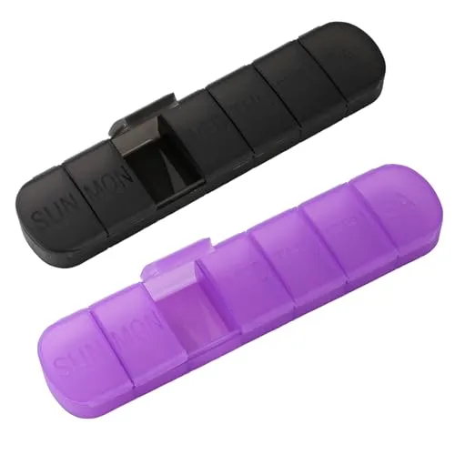 Tablettenbox 7 Tage, Pillendose für 7 Tage, Tablettendose, Pillenbox mit getrennten Fächern, handliche Medikamentenbox. (Schwarz, lila)
