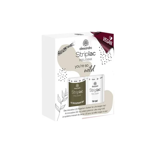 Alessandro Striplac Peel or Soak 131 Wild Set - The Elephant Way - Alessandro Striplac Farbset für starke Frauen, enthält 5 ml Farbe und 5 ml Top Coat. Mit innovativer Peel-Off-Lösung für kreative Nail Designs und einfaches Entfernen.