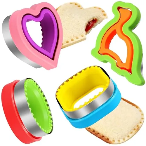 HINZER Sandwich-Ausstecher und Versiegelungs-Set, unverkrustbar, 4 Stück, Brot-Decruster, Pfannkuchen-Macher, Herz, quadratisch, Kreis, Dinosaurier-Form, DIY-Ausstechformen, Geschenk für Kinder,