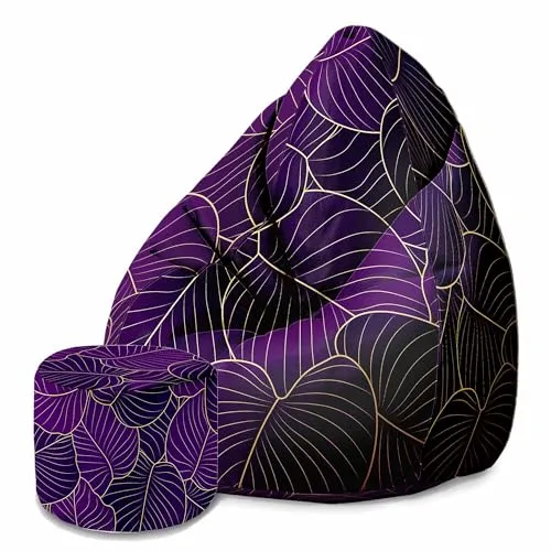 DreamRoots Sitzsack Erwachsene mit Füllung 80x80x120cm - Bean Bag Chair - Sitzsäcke mit Lehne und Hocker und Bezug - Sitzsack Sessel - Chill Sessel Velvet Purple Leaves