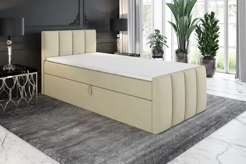 Boxspringbett FUNI 80x200 (Rechts) mit Bettkästen und Bonell-Matratze - Beige - Stylisches Jugendbett mit praktischen Bettkästen und hochwertiger Bonell-Matratze. Perfekt für Schlafzimmer oder Hotelzimmer. Handgefertigte Qualität für maximalen Komfort.