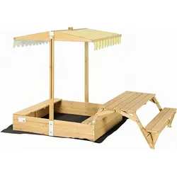 needs&wants® Sandkasten mit Picknicktisch und UV-Schutz - Praktischer Sandkasten aus Holz mit klappbarem Dach und integrierten Bänken. Ideal für Spiel und Spaß im Garten. Mit verstellbarem Sonnenschutz für unbeschwerte Stunden im Freien.