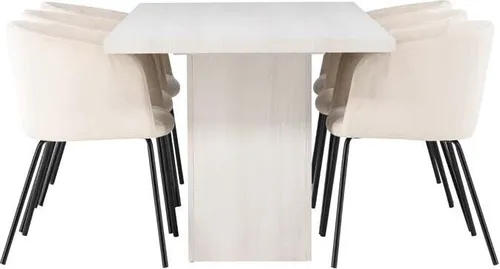 ebuy24 Essgruppe Olga mit Tisch und 6 Stühlen - Elegante Essgruppe Olga mit weißem Tisch und 6 beigen Berit-Stühlen. Ideal für stilvolle Essbereiche, kombiniert Funktionalität mit hochwertiger Verarbeitung für langanhaltenden Komfort.