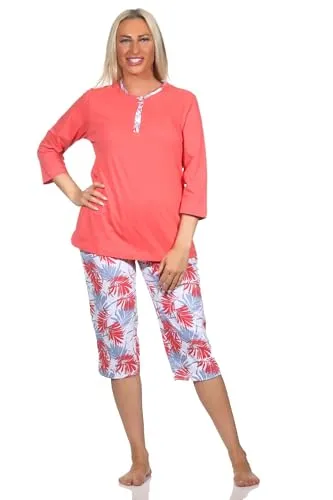 Normann Wunderbarer Damen Kurzarm Pyjama mit Caprihose in floralem Print - auch in Übergrössen, Farbe:rot1, Größe:40-42