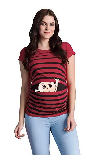 Winke Winke Baby Umstandsshirt - Lustige Schwangerschaftsmode in Weinrot - Stylisches T-Shirt für Schwangere mit seitlichen Raffungen und Rundhals-Ausschnitt, ideal für einen wachsenden Bauch. Hergestellt aus 95% Baumwolle für hohen Tragekomfort.