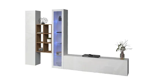 Web Furniture Wohnwand (4-teilig) in Weiß Hochglanz - Stilvolles Design für Ihr Wohnzimmer - Moderne 4-teilige Wohnwand in Weiß Hochglanz, ideal für die Präsentation Ihrer Unterhaltungselektronik. Inklusive Vitrine, TV-Lowboard und Hängeregal, bietet Platz für alles Wichtige.