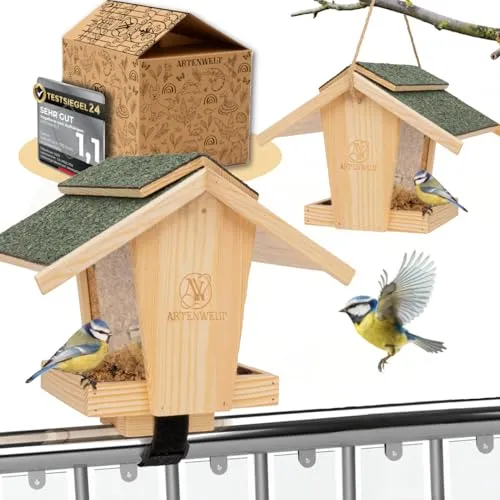Artgerechtes Vogelhaus Balkon inkl. Meisenknödelhalter und kratzerfreie Montage Vogelfutterhaus zum aufhängen hochwertiger Vogelfutterspender Futterhaus für Vögel Vogelhäuschen in Geschenkverpackung