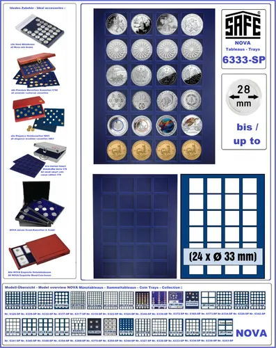 SAFE Münztableaus 6333-SP blaue Velourseinlagen 24 eckige Fächer 33-34 mm
