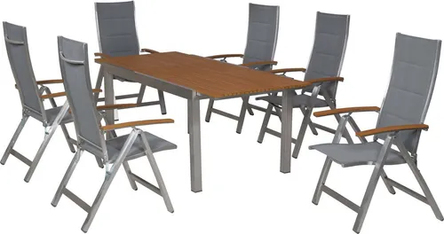 MERXX Garten-Essgruppe San Remo, 7-tlg. mit 6 Klappsesseln und Ausziehtisch - Das 7-teilige Gartenmöbelset San Remo vereint Komfort und stilvolles Design. Mit 5-fach verstellbaren Klappsesseln und einem ausziehbaren Tisch ist es perfekt für gesellige Abende im Freien.