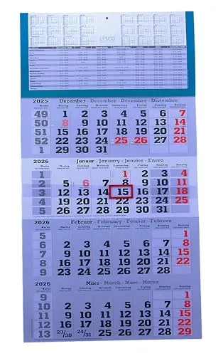 Gefaltet 4 Monats Wandkalender 2026 mit Datumsschieber in Rot, inkl. Ferienübersichten und Jahresüberblick 2026 und 2027, Viermonatskalender werbefrei, 4 Monatskalender