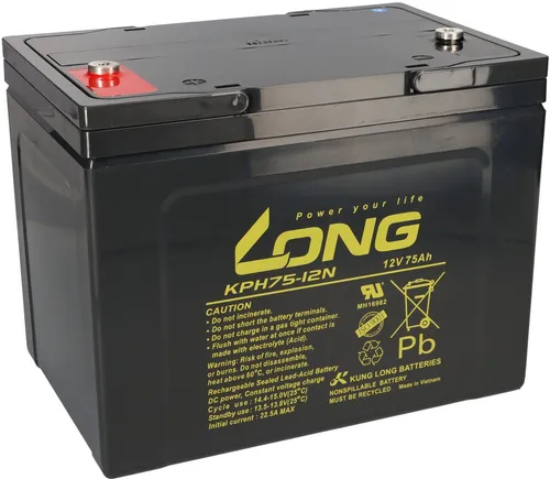 Kung Long Akku 12V 75Ah KPH75-12N M6 AGM - Wartungsfreier Bleiakku - Bleiakkus für Notstromversorgungen, wartungsfreier AGM Akku mit 75Ah Kapazität, ideal für Notbeleuchtung, Alarmtechniken und industrielle Anwendungen.