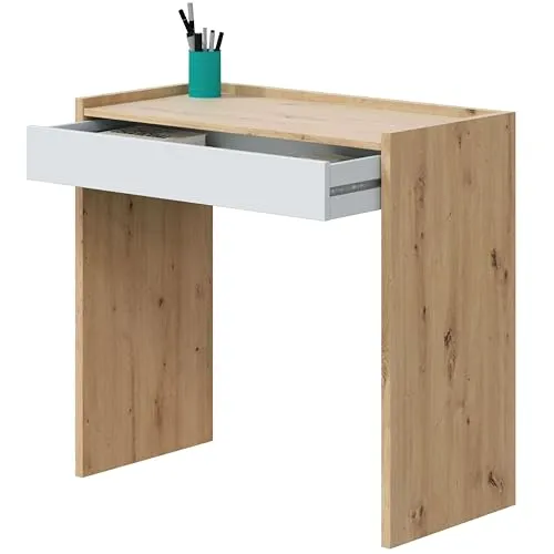 Habitdesign Schreibtisch Noa mit 1 Schublade - Kompakter Bürotisch in Artik weiß und Nodi-Eiche, ideal für Homeoffice. Robuste U-Form für stabilen Stand und langlebige Nutzung, einfach zu montieren.