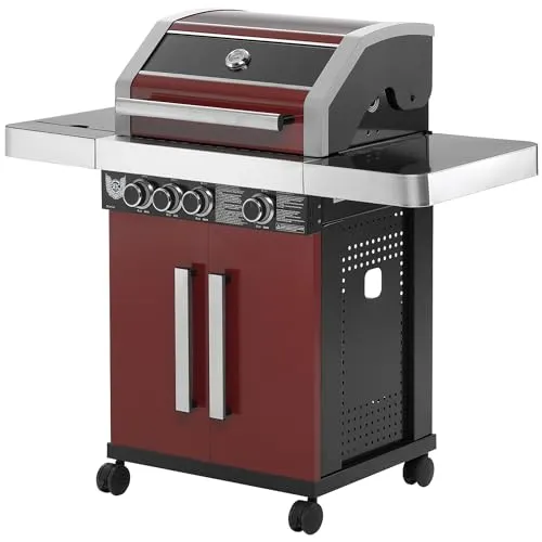 BBQ Chief Gasgrill 6.0 - 3 Edelstahl Brenner - Grillwagen mit 10,5 kW Leistung, Gusseisen Grillrost und integriertem Thermometer für perfektes Grillvergnügen im Freien.