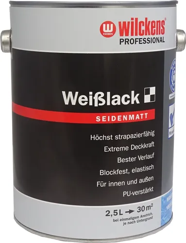 Wilckens Professional Weißlack 2,5 L - Seidenmatt für Innen und Außen - Hochwertiger Weißlack in seidenmatter Ausführung, ideal für Innen- und Außenanwendungen. Perfekte Deckkraft und langlebiger Schutz für Ihre Projekte.
