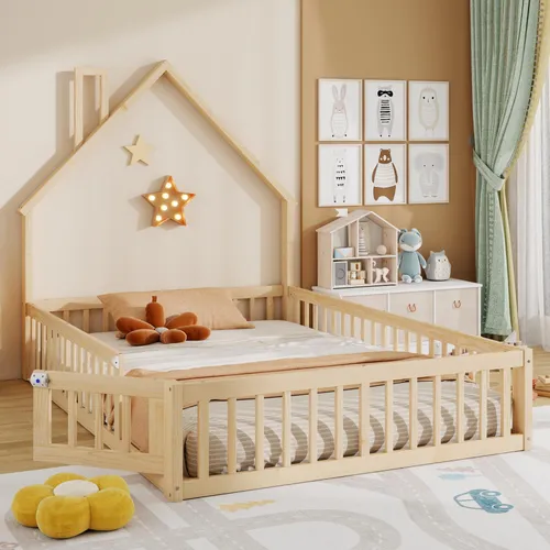 Hausbett mit Lattenrost und Rausfallschutz, 140x200 cm – Kinderbett aus Kiefer