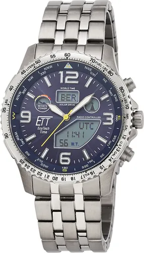 ETT Funkchronograph Professional World Timer EGT-11575-31M - Titan Solar Herrenuhr - Hochwertige Herrenuhr mit Funktechnologie, Solar-Antrieb und Stoppfunktion. Ideal für Weltreisende, wasserdicht bis 10 bar und mit mehreren Zeitzonen.