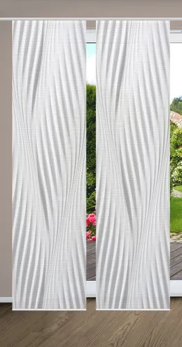 Schiebegardine HOME in green RIWELO - Nachhaltige Schiebegardine aus recyceltem Polyester mit modernem 3D-Motiv in Grau-Tönen, ideal für stilvolle Fensterdekoration und Lichtregulierung.