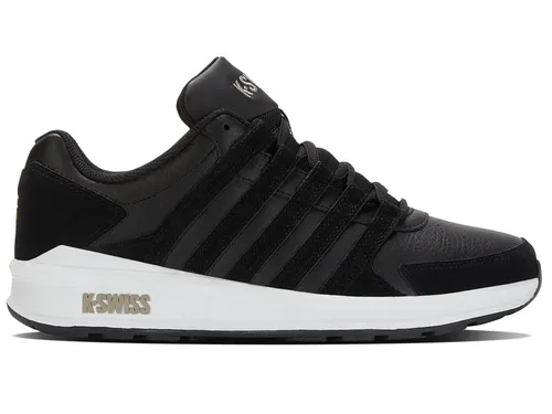 KSwiss Sneaker Vista Trainer 2023 – Eleganter Leder Sneaker für Herren in Schwarz/Grau, Größe 42,5 (9,5) - Moderne Sneaker inspiriert von klassischen Designs, aus hochwertigem Leder und Wildleder-Overlays – ideal für stilbewusste Herren.