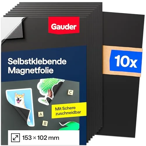 GAUDER Magnetfolie selbstklebend - Zuschneidbare Magnetklebefolie für Fotos, Bastelprojekte & Schilder - Schwarze magnetische Folie für Haushalt, Schule & Büro (10 Stück - 153 x 102 mm)