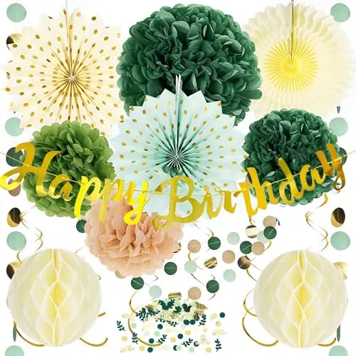 Geburtstagsdeko Wiederverwendbare Party Deko, Happy Birthday Girlande Geburtstag Tortendeko, Pompons Deko, Papierlaternen, Wabenbälle, Konfetti - Geburtstagsdeko Grün Gold ,Salbeigrün