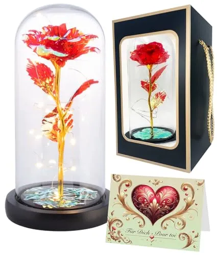 Lunartec Kunstblumen Rosen: Ewige Rose unter Glas, LED-Licht, kristallrot, 21,5 cm, Geschenktasche (romantische Geschenke, Goldene Rose, Nachttischlampe)