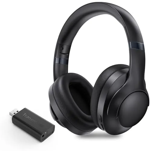 LETSACTIV Wireless Kopfhörer zum Fernsehen mit Sender und Headset-Ständer, 196ft Reichweite mit optischen, AUX, RCA und USB, hohe Lautstärke, 40 Stunden Spielzeit, Keine Verzögerung,Holzkohle