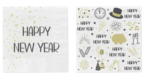 Levandeo® Papierserviette, 40 Stück Silvester Servietten Happy New Year Weiß Schwarz Gold