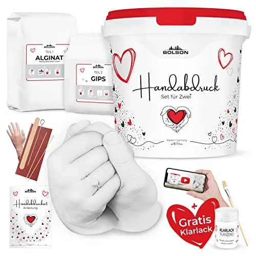 Bolson 3D Handabdruckset für Paare - Gipsabdruckset für 2 Erwachsene - Modellieren & Gießen - Erstelle eine individuelle Erinnerung mit dermatologisch getesteter Alginatmasse und erhalte GRATIS Klarlack & Pinsel für den perfekten 3D Handabdruck!