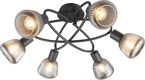 Trio Leuchten Deckenleuchte Tarifa 662800632 - Elegante 6-flammige Metallleuchte - Lampen: 6-flammige Deckenleuchte in Schwarz matt mit stilvollen Chrom-Glas-Schirmen, ideal für moderne Wohnräume. Durchmesser 59,5 cm, Höhe 25 cm, perfekt für stimmungsvolle Beleuchtung.