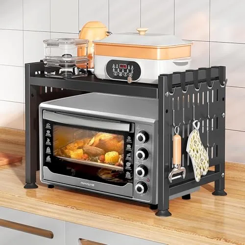 UCAMP Erweiterbares Mikrowellen Regal,Mikrowellenhalter Mikrowellenständer Organizer für Küchenarbeitsplatten,Mikrowellenregal aus Kohlenstoffstahl,Küchenregal Stehend mit 10 Haken