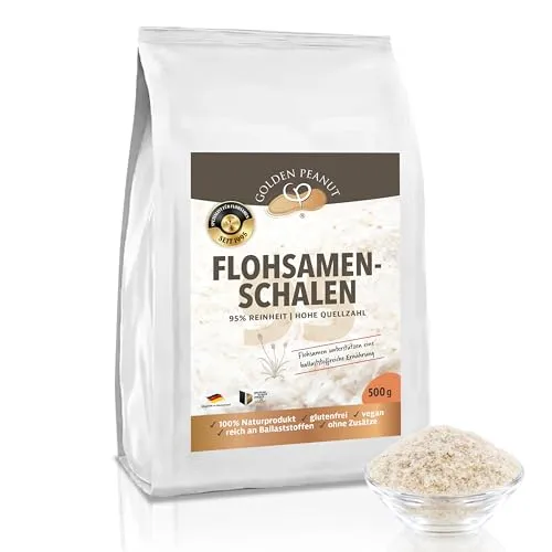 GOLDEN PEANUT Flohsamenschalen 500 g 95% Reinheit hohe Quellzahl, glutenfrei, ballaststoffreich, vegan, Naturprodukt