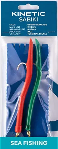 Kinetic Sabiki Rubber-Makk Rig - Vorfach mit 2 Gummi-Makks ind rot und grün, Länge 140cm, Zwei Haken Gr. 8/0, Schnur 0,80mm