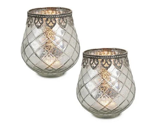 matches21 HOME & HOBBY Kerzenhalter Vintage Kerzengläser Set Outdoor Windlicht Laternen silber 14 cm (2 St), Moderner Glas Teelichthalter als Kerzenständer Tisch-Deko Balkon
