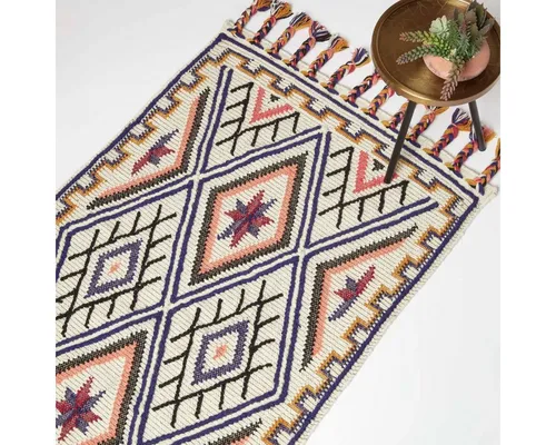 Homescapes Wollteppich Goa – Handgewebter Kelim Teppich 90 x 150 cm - Kurzflor-Teppich mit bunt gemustertem, handgewebtem Kelim-Design aus 75 % Wolle und 25 % Baumwolle. Ideal für jeden Wohnbereich und setzt dekorative Akzente.