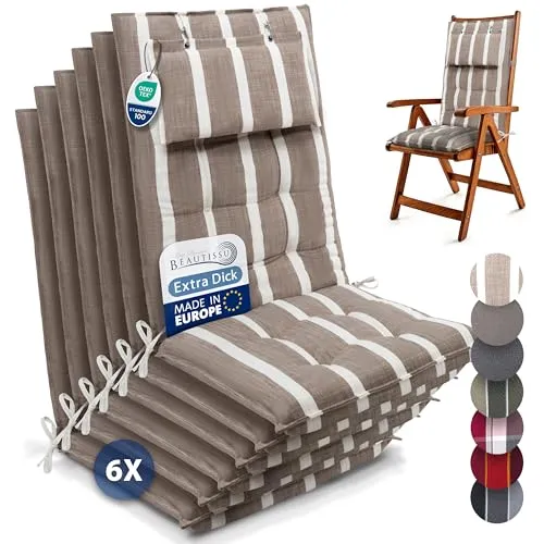 Beautissu 6er Set Premium Hochlehner Auflage mit Kopfpolster 120x50cm Sun-HL – 8cm Dick Polster Gartenstuhlauflage rutschfest Befestigungsbänder UV-Lichtechtheit 5 – Robust Stoff Beige Weiß Gestreift