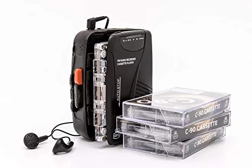 GPO tragbarer Retro Kassettenrecorder mit integriertem Lautsprecher und Mikrofon, FM-Radio, 3,5 mm Kopfhöreranschluss, inkl. Kopfhörer, Schwarz