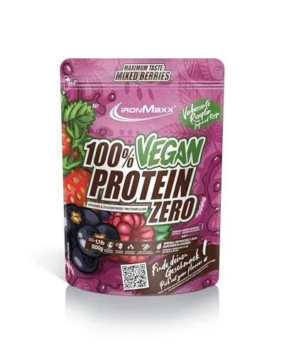 IronMaxx 100% Vegan Protein Zero - Mixed Berries 500g | Veganes Eiweißpulver ohne Zucker - Pflanzliches Eiweißpulver mit 21g Protein pro Portion, ideal für Fitness und kalorienbewusste Ernährung. Low Carb und laktosefrei, perfekt für leckere Shakes nach dem Training.