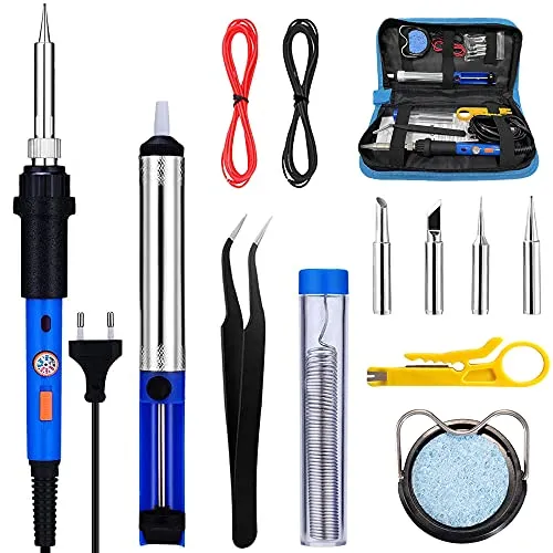 Lötkolben Set 60W Lötset Lötstation Temperatur Einstellbar 220-480℃ mit Lötspitzen Entlötpumpe Lötzinn Pinzette Drahtschneider Lötkolbenständer für Elektrotechnik Reparaturen und Hausgebrauch