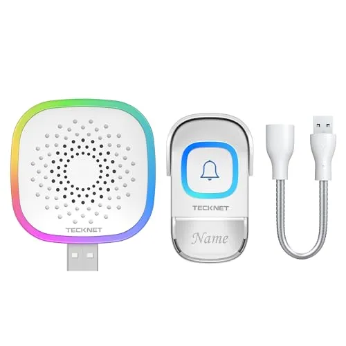 TECKNET Funkklingel mit USB Empfänger, IP65 Aussen Wasserdicht Klingel Haustür mit RGB Licht, Mini Kabellose Türklingel Set, Verlängerungsstab, 400m Reichweite, Klingel 60 Melodien 5 Stufen Volumes