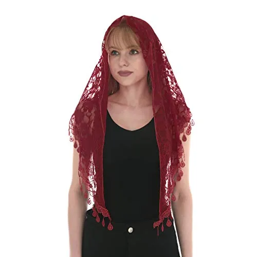 LMVERNA Dreieckiger Spitzenschal, Mantilla-Schleier, leichter Quastenschal, modische Blumenschals und Wickeltücher für Frauen, kastanienbraun, Mittel