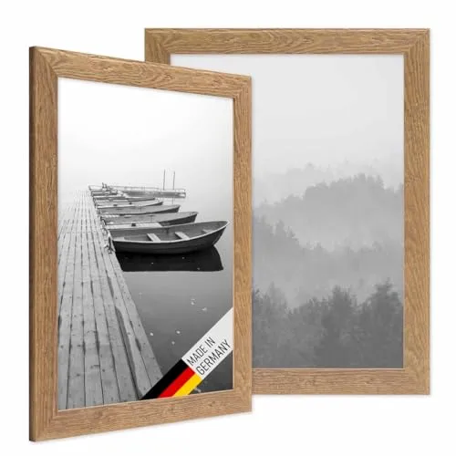 PHOTOLINI Bilderrahmen 30x40 cm Eiche-Optik, 2er Set - Rustikale Echtholz-Rahmen im Strandhaus-Stil, ideal für Urlaubs- und Familienfotos. Einfaches Wechseln der Motive und Aufhängen in Hoch- oder Querformat. Made in Germany mit echtem Glas.