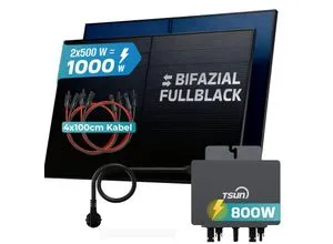 SUNNIVA Balkonkraftwerk 1000W BIFAZIAL FULLBLACK – Komplette Solaranlage für Balkon - Plug&Play Balkonkraftwerk mit 2x 500W bifacial Solarmodulen. Ideal für einfache Installation auf Balkon oder Dach. Robuste Bauweise mit gehärtetem Glas und IP68 Schutz.