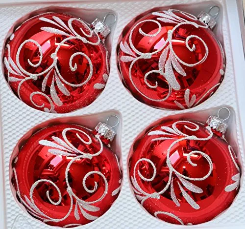 Glänzende rote Weihnachtskugeln aus Glas mit weiß glitzernden Applikationen Durchmesser 8 cm 4er Set