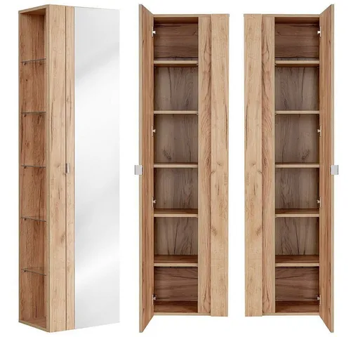 Lomadox Hochschrank TOSKANA-56 mit Spiegel in Wotaneiche Nb. - Hochschrank für Badezimmer mit Spiegelfront und Soft-Close, bietet 6 Fächer für optimale Stauraumnutzung und modernes Design.