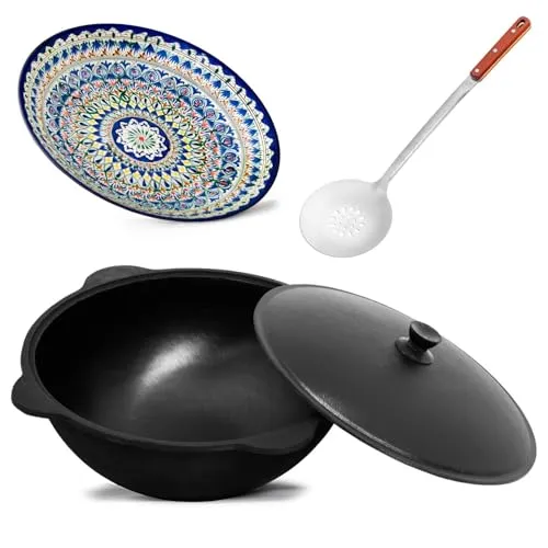 BIG-PAN Kasan Gusseisen 12L mit Aluminium Deckel Flacher Boden Schaumkelle Lagan handbemalt Original Usbekistan чугуный казан Kochset für Plov Wok Grill Traditioneller Gusstopf Usbekisch Grillwok