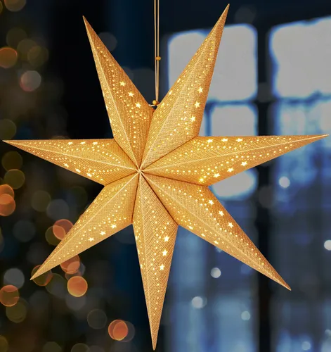 BRUBAKER 3D Weihnachtsstern zum Aufhängen - Fenster Papierstern mit E14 Fassung - 60 cm Deko Muster Adventsstern, Gold
